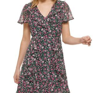 Karl Lagerfeld Dress Floral Ruffle Hi/Lo Pink Green Ruffle Sleeves NWOT …